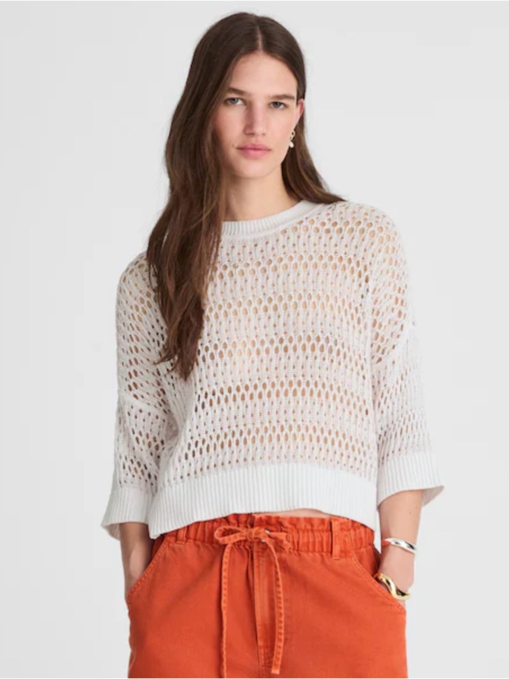 Madewell Open Stitch Relaxed Sweater Tee Size Large White Festival Boxy Cropped